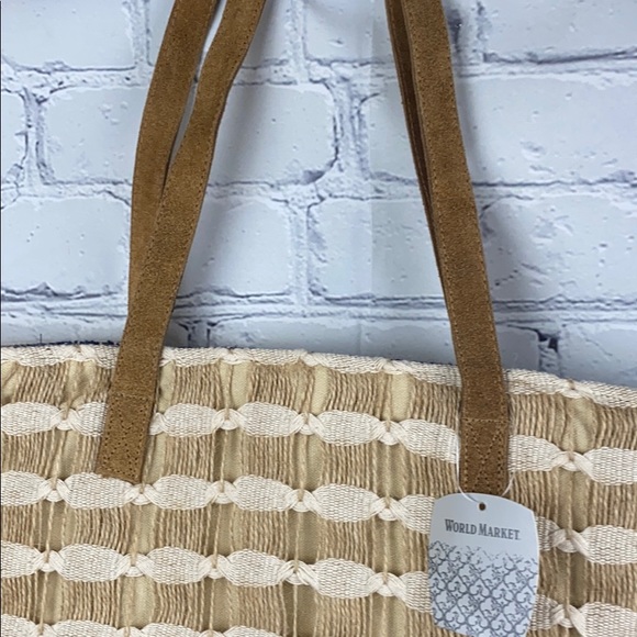 World Market Embroidered Jute , canvas with leather handles Reusable Tote - Picture 3 of 5